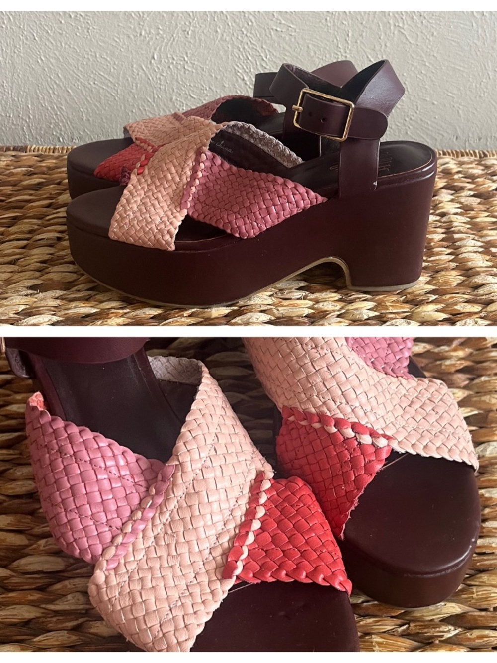 Charlotte Stone pink red brow woven Cross strap Leather platform heels 8